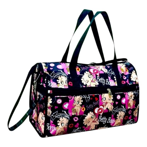 Betty Boop black & pink betty all over logo travel weekender nylon canvas bag - Picture 5 of 12